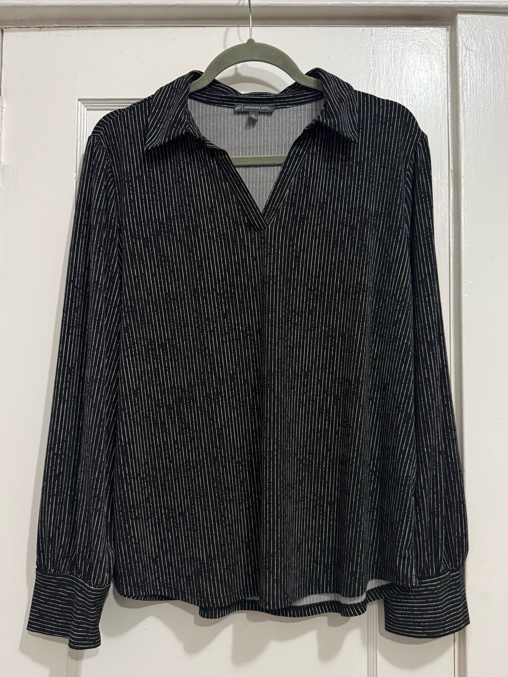 Adrianna Papell Black Pinstripe V-Neck Collared Shirt